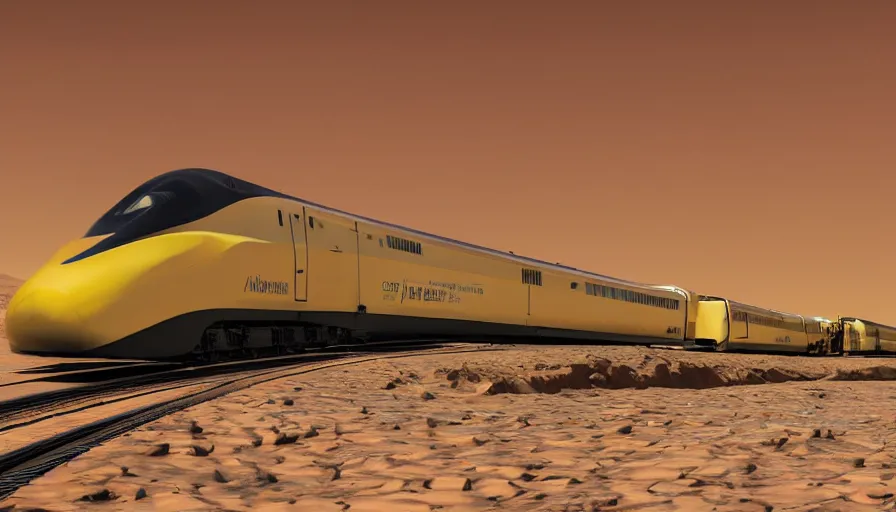 Prompt: professional photograph of a yellow bullet train engine with very huge windows designed by Buckminster Fuller in a picturesque desert on Mars. Astronauts are standing near it, racking focus, depth of field, extreme panoramic, Dynamic Range, HDR, chromatic aberration, Orton effect intricate, elegant, highly detailed, artstation