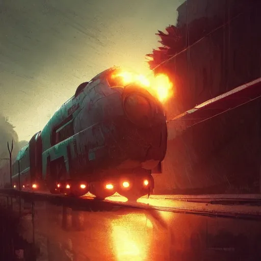 Image similar to a retrofuturistic train driving trough dystopian hellscape, long shot, lumnious, magical, atmospheric, urban concept art, backlighting, by greg rutkowski *, martin mottet, maya takamura, and william turner