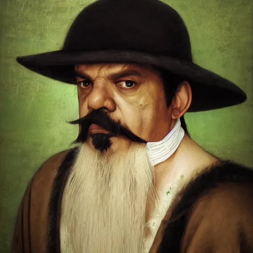 Prompt: hyper realistic, realistic - anime, portrait, beautifully rendered, ancient garb, luis guzman as luigi wearing green, smirking deviously, luigi, luigi's nose, painted by jan van eyck, albrecht durer, gustave courbet, greg rutkowski, wlop, artgerm, dishonored 2,