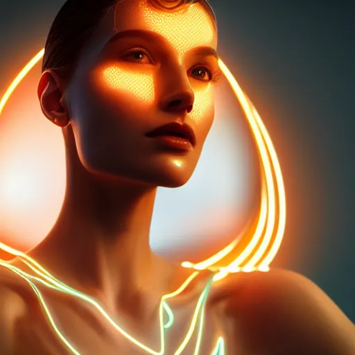 Prompt: portrait of a beautiful bioengineered female wearing a luminescent bodysuit, Tron environment, reflections, focus, detailed, realistic eyes, horizontal partial symmetry body features proportions, intricate facial skin details, award winning, trending in cgsociety artstation deviant art, octane render