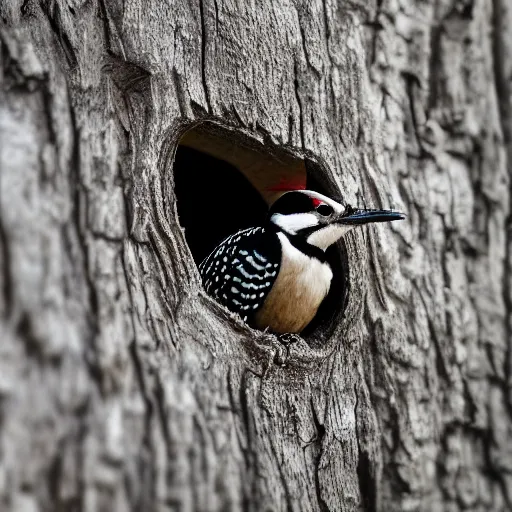 Prompt: 5 5 mm macro photo of a woodpecker inside a house in an oak tree, looking through the window. dof. bokeh. by luis royo. highly detailed 8 k. intricate. lifelike. soft light. cinematic processing