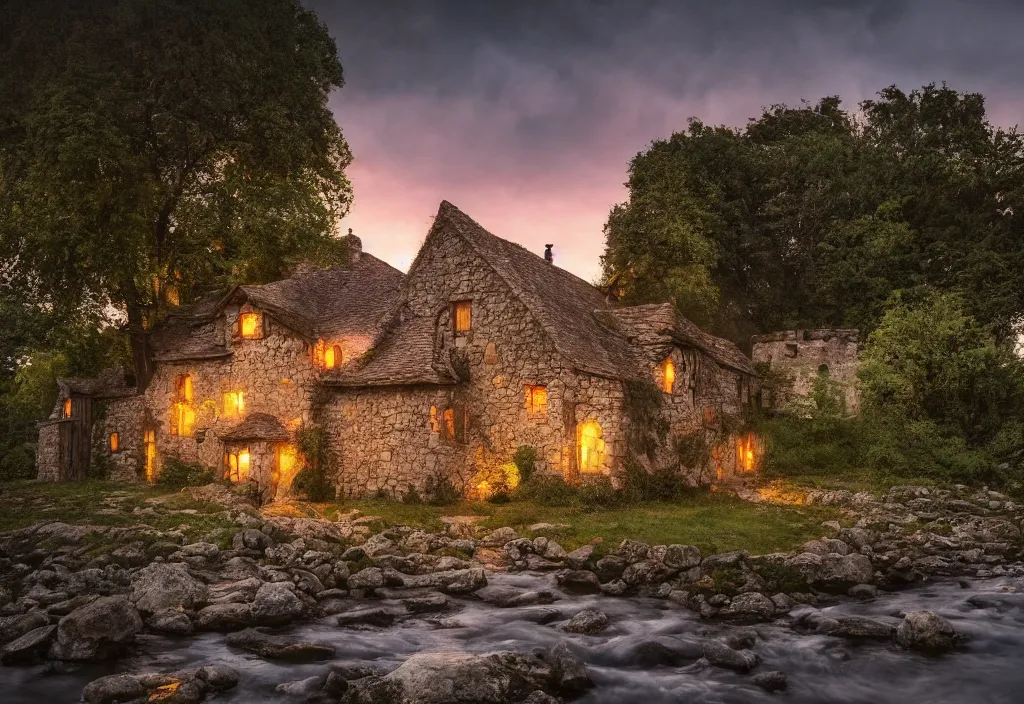 Image similar to a small stone medieval house near a small river at sunset, dramatic lighting, cinematic lighting, HDR, highly detailed, high quality, Seb McKinnon style, 8k, anime style