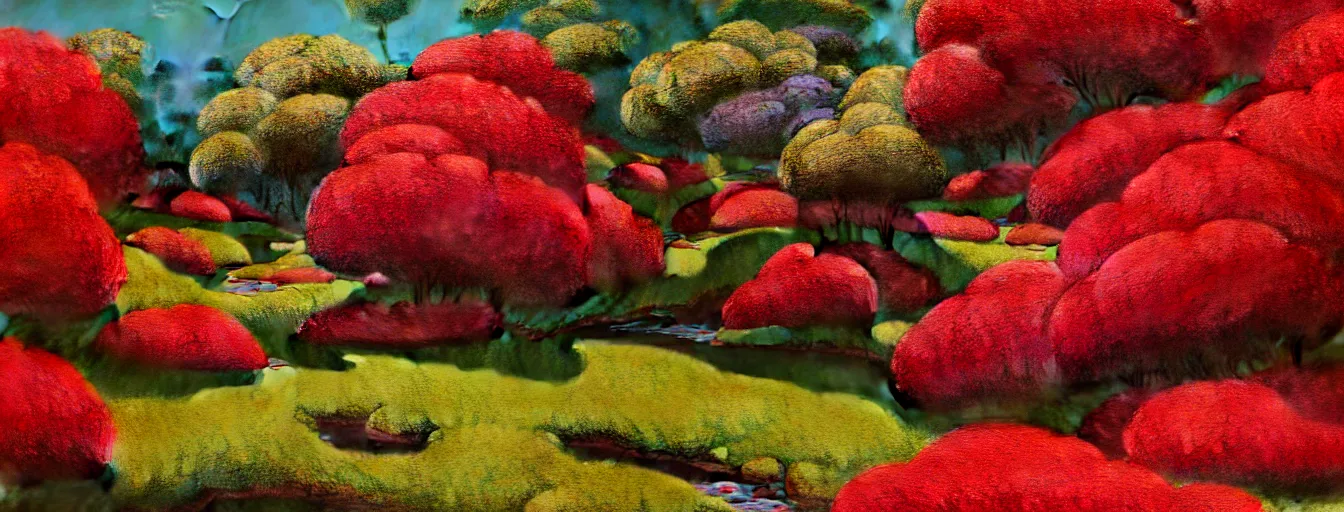 Image similar to a gorgeous very early spring series of lush islands separated by flower - lined streams, twisted gardens, flowers, fern fronds, all red, painting by barlowe wayne maxfield parrish and marco mazzoni. very little light verdancy. ultra clear detailed. all foliage is red. 3 d, octane render