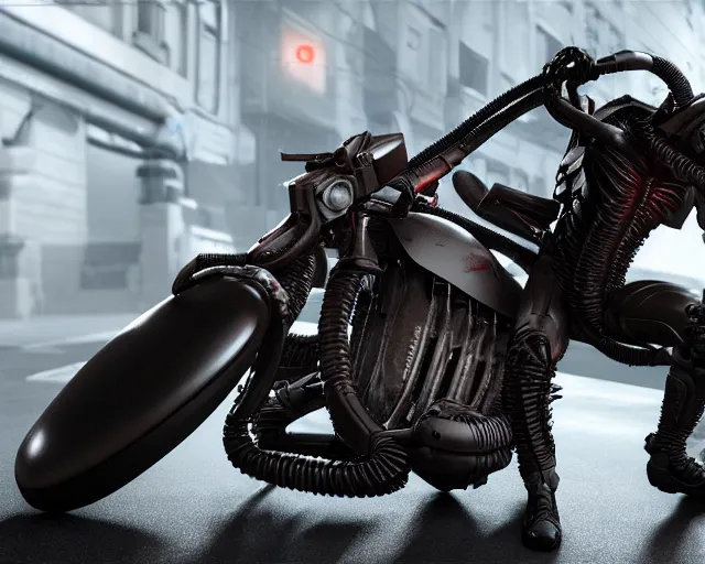 Image similar to Xenomorph AKIRA Motorcycle Gang, Full Figure, 8K, octane render, HDR, photorealistic, volumetric lighting, Hyperrealistic-H 960