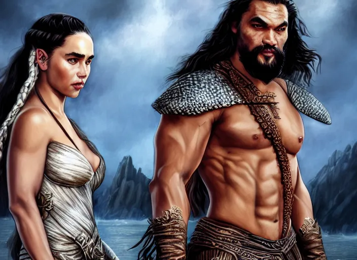 Image similar to jason momoa as khal drago and emilia clarke as queen daenerys stormborn together by anne stokes and larry elmore, detailed matte painting, realistic portrait, symmetrical, highly detailed, digital painting, artstation, concept art, smooth, sharp focus, illustration, cinematic lighting, 8 k resolution