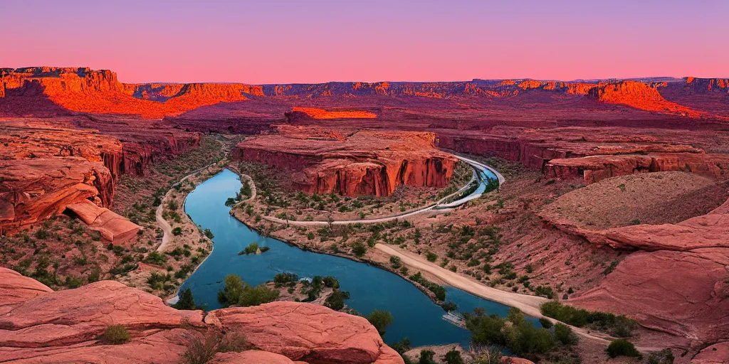 Image similar to “a river bend running through a canyon surrounded by desert mountains at sunset, moab, utah, a tilt shift photo by Frederic Church, trending on unsplash, hudson river school, photo taken with provia, national geographic photo”