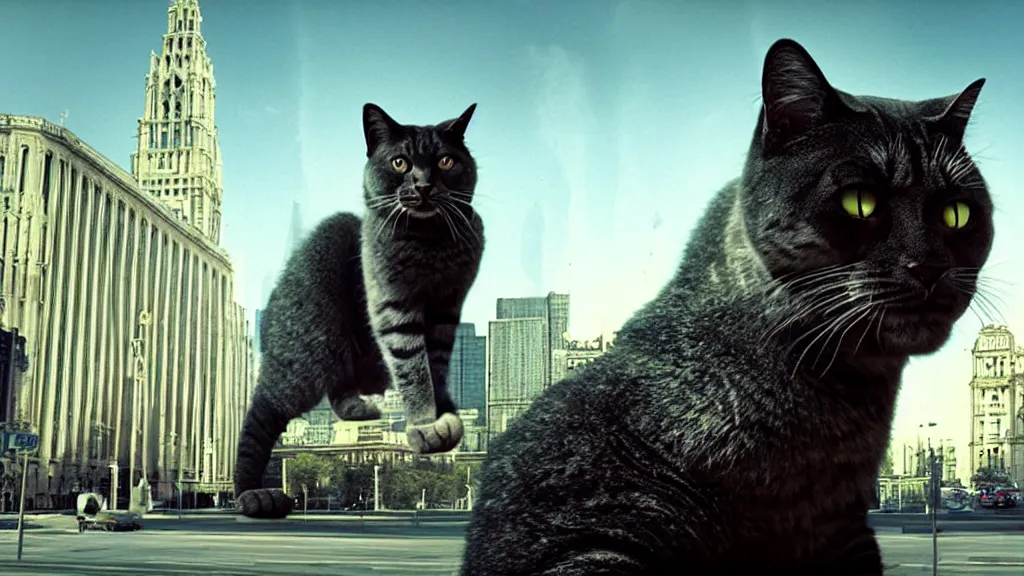 Image similar to the giant cat in city hall, film still from the movie directed by denis villeneuve and david cronenberg with art direction by salvador dali, wide lens