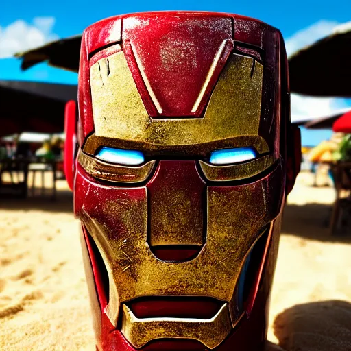 Image similar to a closeup photorealistic photograph of an iron man style tiki mug at a trader vic's beach bar featuring the face of iron man. tiki party. bright scene. fine detail. this 4 k hd image is trending on artstation, featured on behance, well - rendered, extra crisp, features intricate detail, epic composition and the style of unreal engine.