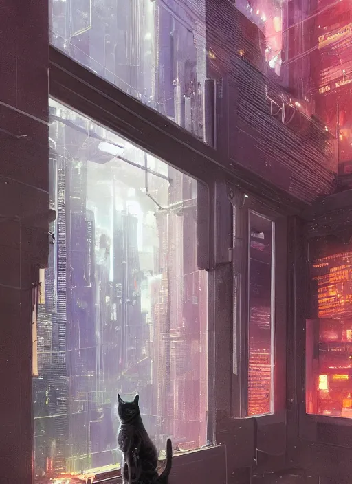 Image similar to cybercat sitting in window | cyberpunk cityscape, illustrated by james warhola and greg rutkowski