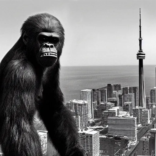 Prompt: photo of king kong climbing the c. n tower in toronto