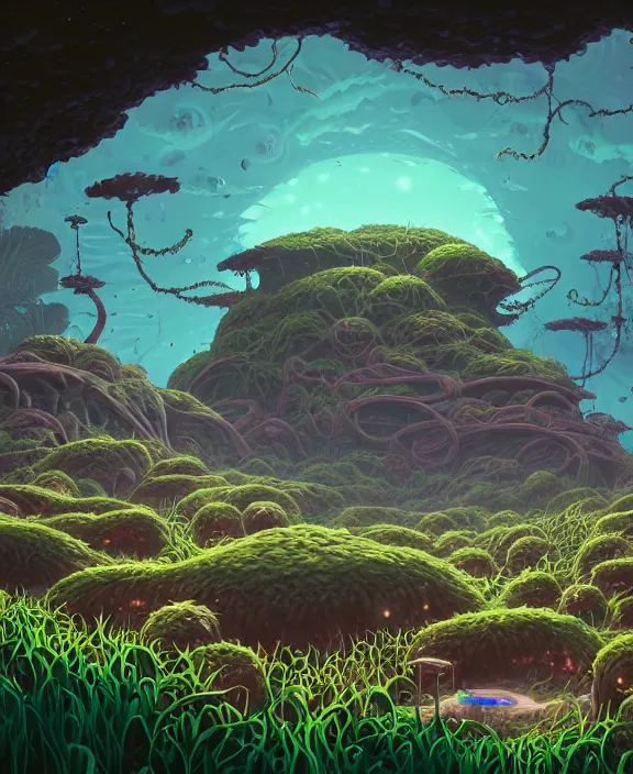 Prompt: a simple bunker made out of exotic fungus, overgrown with weird fungus and slime, spaceport, noon, sun drenched, partly cloudy, by dan mumford, yusuke murata, makoto shinkai, ross tran, cinematic, unreal engine, cel shaded, featured on artstation, pixiv