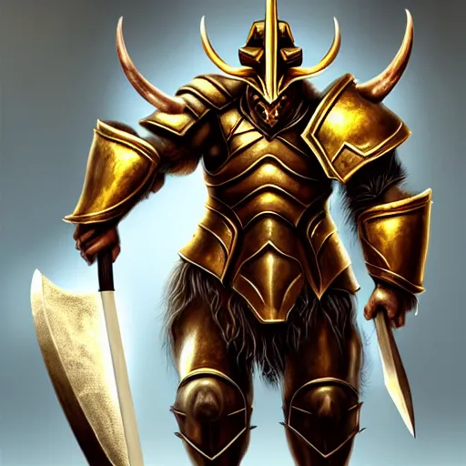 Prompt: Giant minotaur humanoid beast warrior with two handed axe, horned helmet, concept art, heavy white and golden armor, paladin, giant horns, portrait, dungeons and dragons, hyperrealism, high details, digital painting, dark fantasy