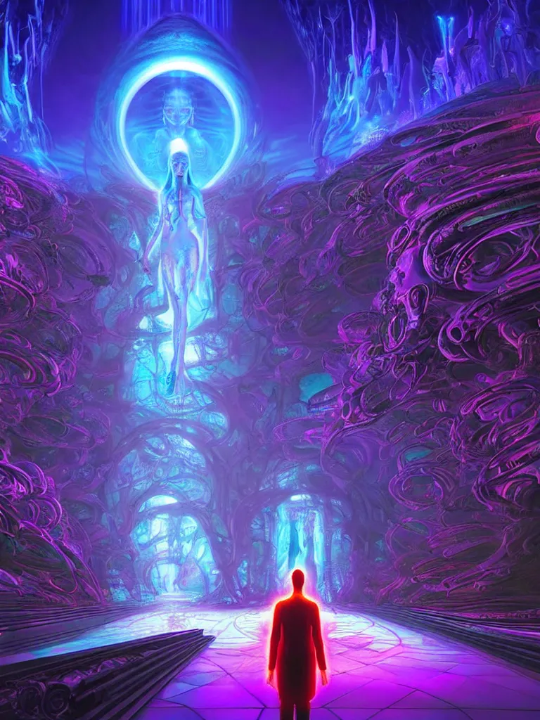 Image similar to entrance to matrix ethereal realm, shiva sentient, rendered in unreal engine, central composition, symmetrical composition, dreamy colorful cyberpunk colors, 6 point perspective, fantasy landscape with anthropomorphic terrain in the styles of igor morski, jim warren and rob gonsalves, intricate, hyperrealistic, volumetric lighting, neon ambiance, distinct horizon