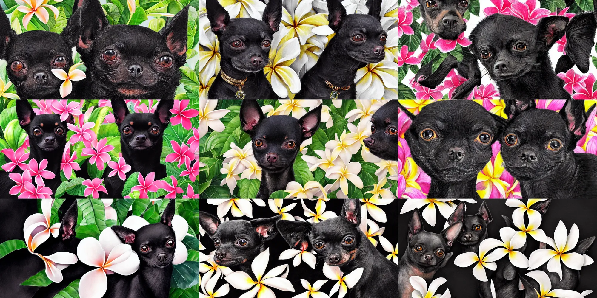 Prompt: ultra realistic illustration, portrait of a black chihuahua plumeria tropical bouquet background, close up shot, fantasy, intricate, elegant, highly detailed, digital painting, artstation, concept art, smooth, sharp focus, illustration, surrealism