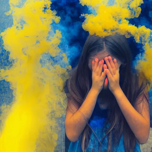 Image similar to crying girl covered by yellow and blue smoke