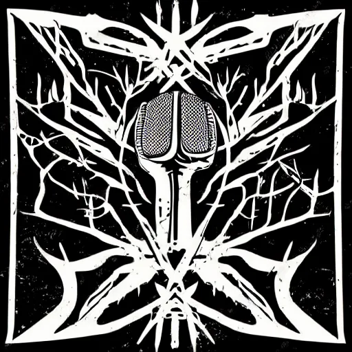 Image similar to dark death metal themed vector illustration for a record label, trees. forest, spikes, skull, microphone, skull, award winning, grunge, iconic, golden ratio