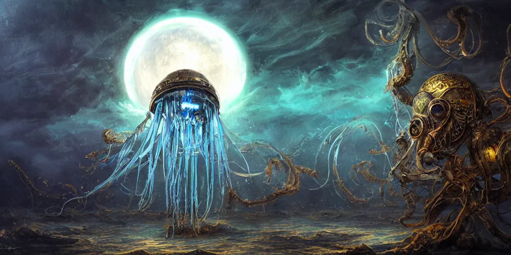 Image similar to concept art of giant translucent glowing jellyfishes, renaissance, divers helmet, lots of teeth, melting horror, round moon, rich clouds, fighting the horrors of the unknown, mirrors, very detailed, volumetric light, mist, grim, fine art, decaying, textured oil over canvas, epic fantasy art, very colorful, ornate, anato finnstark