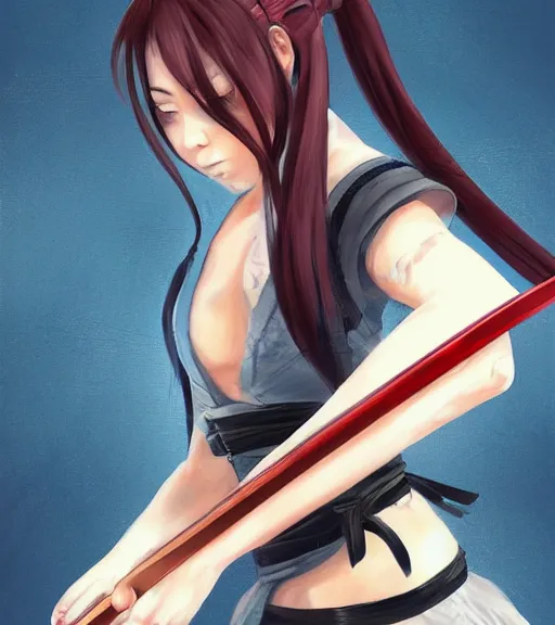 Image similar to a girl holding a katana, ponytail, highly detailed, digital painting, artstation, concept art, smooth, sharp focus, kunoichi, illustration, style of eiichiro oda