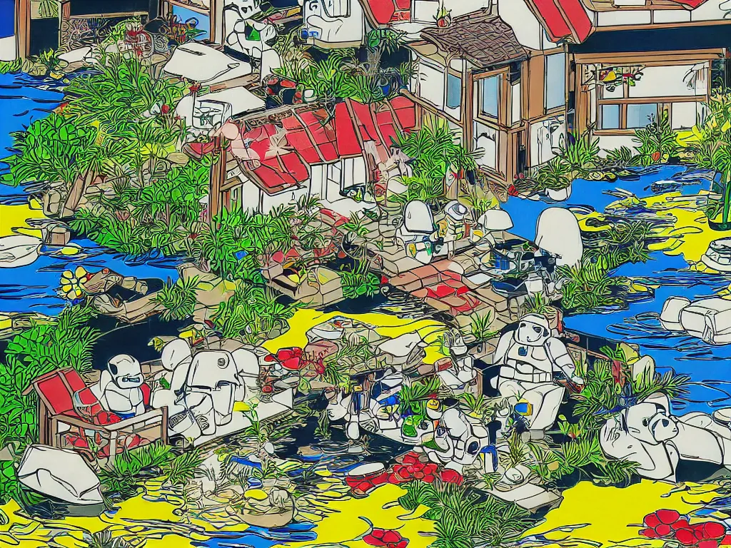 Image similar to detailed close - up image of the japanese home with a garden and a pond, 2 stormtroopers sitting around it, pop - art style, jacky tsai style, andy warhol style, roy lichtenstein style, rich palette, acrylic on canvas