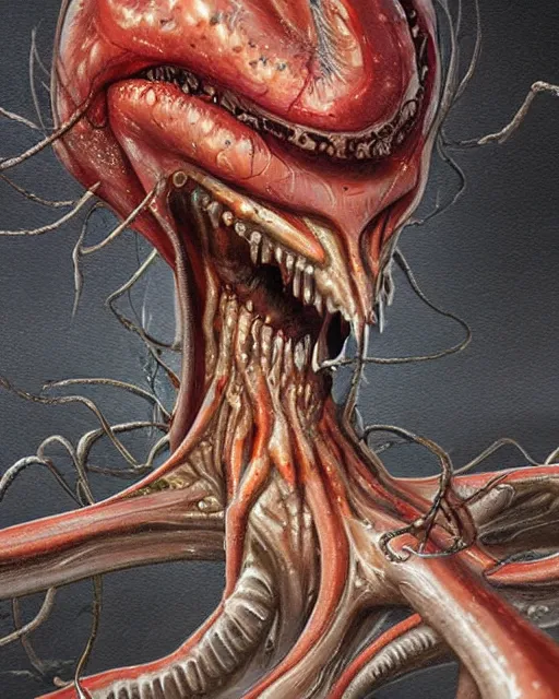 Image similar to Haunting horrifying detailed painting of a tall skinny extraterrestrial squid monster made of gelatinous fluid, floating teeth and bloodshot eyeballs, hyper detailed, trending on Artstation