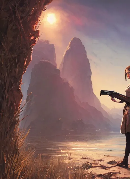 Image similar to highly detailed painting of emma watson holding a shotgun in gta v, stephen bliss, unreal engine, fantasy art by greg rutkowski, loish, rhads, ferdinand knab, makoto shinkai and lois van baarle, ilya kuvshinov, rossdraws, tom bagshaw, global illumination, radiant light, detailed and intricate environment