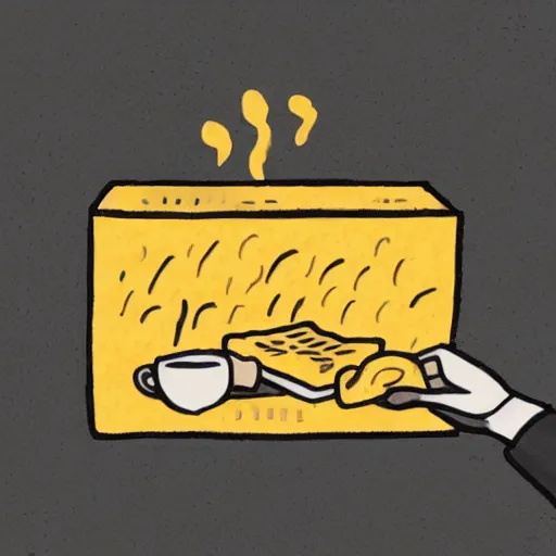 Prompt: a hand drawn cartoon illustration of a box of mac and cheese holding a cup of mac and cheese