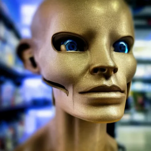 Image similar to photo of a cyborg!! in sale, in a store display, hiding a dark secret, highly detailed face, expressive face, cyberpunk, year 3022, medium full shot, depth of field, ISO 300, aperture f11, 1/100 obturation speed