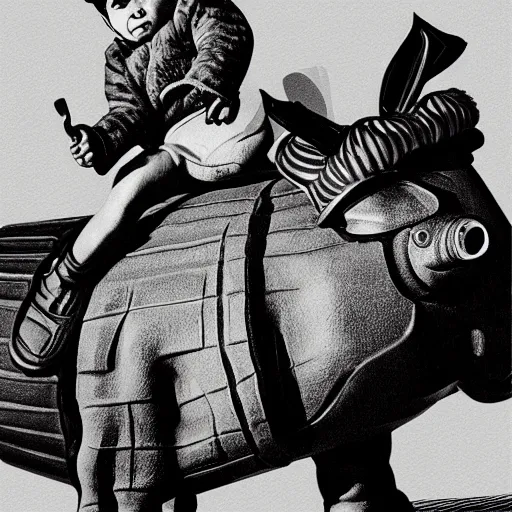 Image similar to black and white retro futuristic boy wearing crown riding on the back of a large pig by syd mead, matte painting, crosshatch and stippling