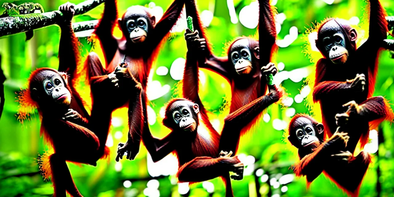 Image similar to graffiti art of baby orangutans playing in the rainforest jin yong