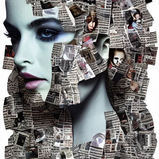 Prompt: a head-shaped chaotic collage made out of fragments of printed images taken from the internet, fashion magazines, and family photographs all coming together to form a hybrid face shape with twisted features in the Dadaesque style, mixed media