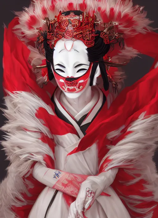 Prompt: albino maiko with a kitsune mask, fluent composition, red and white neon, concept art, ambient light, 4 k, intricate details, highly professionally detailed, cgsociety, highly detailed -