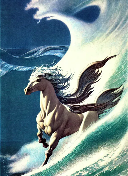 Image similar to pegasus running through ocean wave, exquisite details, denoised, mid view, byi by alan lee, norman rockwell, makoto shinkai, kim jung giu, poster art, game art