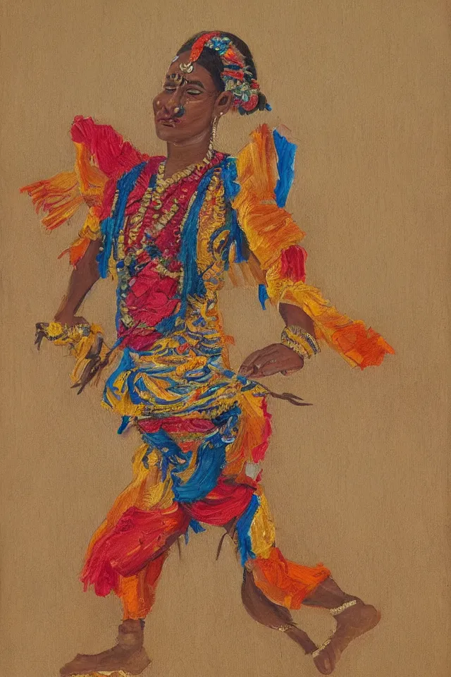 Prompt: a vivid oil painting of a dancer covered in a straw costume, pankararu, Toré