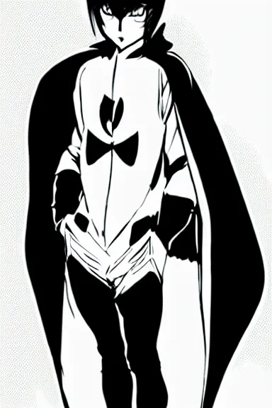 Prompt: attractive little boy in black cat suit with cape, black and white artwork made by boichi,