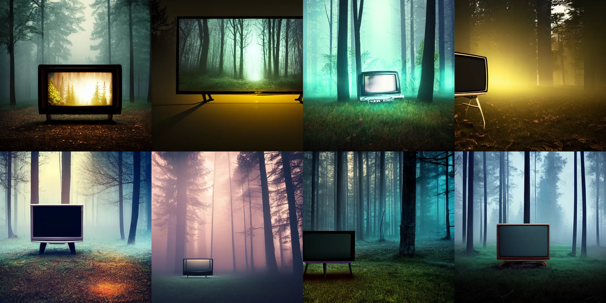 Prompt: an old tv is standing in a big dark and foggy forest while you can see lights in the background, night, mysterious, octane, Unreal engine, professional photography