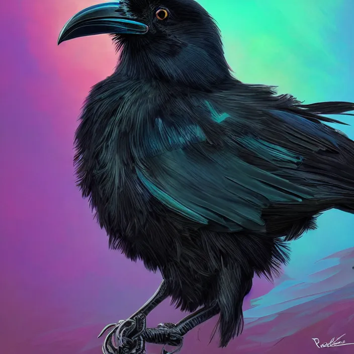 Image similar to beautiful black raven bird with long turqoise feather highlights, cute, intricate, highly detailed, digital painting, trending on artstation, concept art, smooth, sharp focus, backlit, rim light, vivid colors, illustration, unreal engine 5, 8 k, art by rossdraws and alphonse mucha