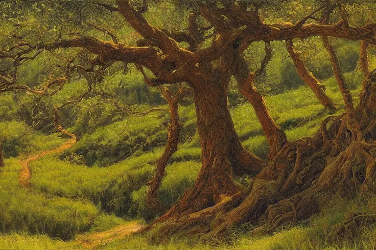 Image similar to masterpiece painting of oak trees on a hillside overlooking a creek, dramatic lighting, by donato giancola