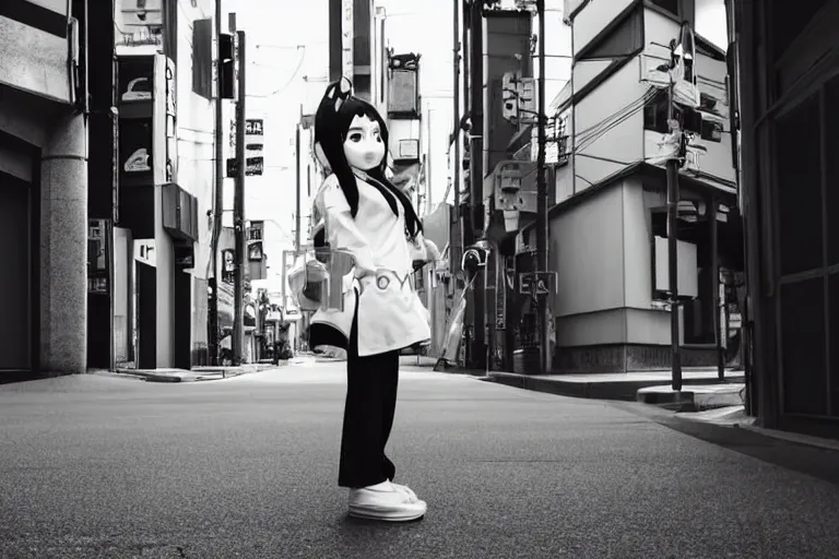 Image similar to still photo of a japanese anime mascot on the street, black and white color aesthetic, highly detailed, photorealistic portrait, bright studio setting, studio lighting, crisp quality and light reflections, unreal engine 5 quality render