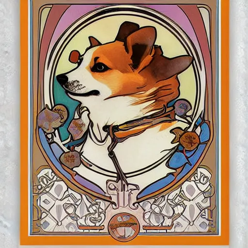 Prompt: corgi poster designed by Alphonse Mucha and James Jean, high quality, details