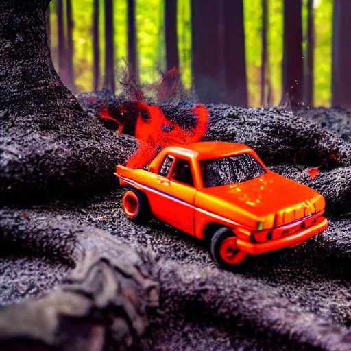 Image similar to macro photography of a toy hot wheels car driving through a forest fire, 3 5 mm