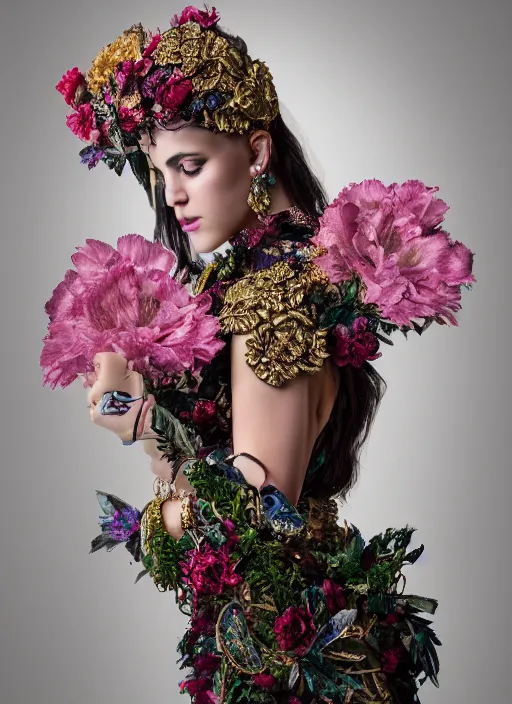 Prompt: full body environmental portrait photo of a female model, ornate headpiece made from flowers, ornaments, glamour shot by gemmy woud - binnendijk, chris knight, photorealistic, canon r 3, fashion photography, ornate, symmetrical features, octane render, unreal engine, solid dark background, clamp shell lighting, rim lighting