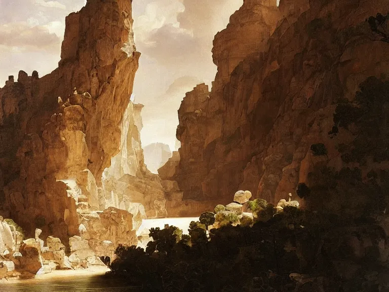 Image similar to an oil painting of a canyon made of ivory and smooth stone and a lake of black oil by carl spitzweg and tuomas korpi. baroque elements, full-length view. baroque element. intricate artwork by caravaggio. Trending on artstation. 8k