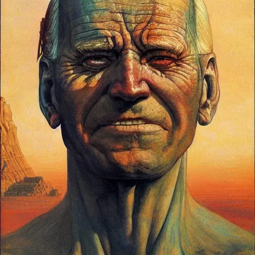 Image similar to giant mayan joe biden, perfectly clear face, by j. c. leyendecker and beksinski