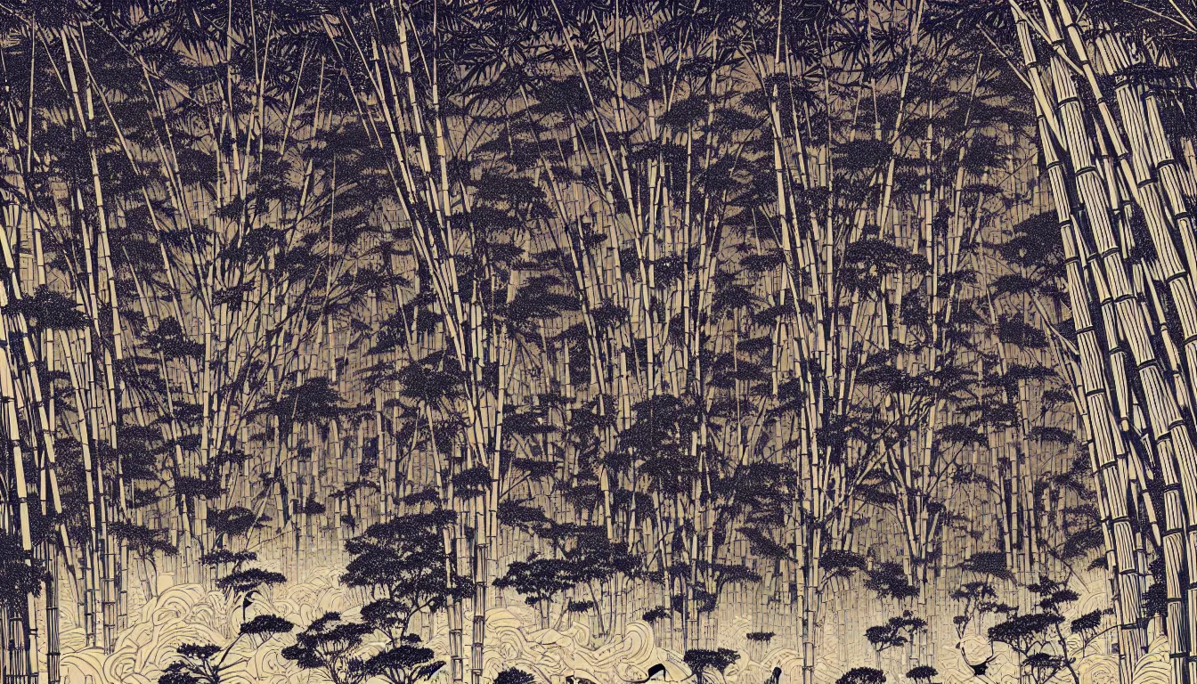 Image similar to bamboo grove by woodblock print, nicolas delort, moebius, victo ngai, josan gonzalez, kilian eng