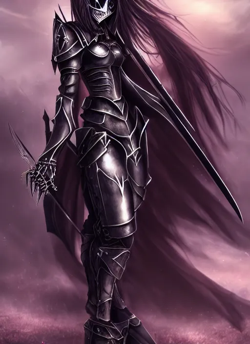 Prompt: full portrait, female vampire knight in black heavy armor, metal mask, tall gladiator sandals, barefoot, little skin shown, enchanting, mysterious, elegant, ghostblade, wlop, good lighting, realistic proportions, reasonable fantasy