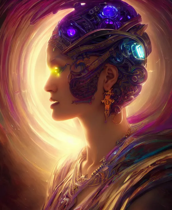 Image similar to a whirlwind of souls rushing inside the metaverse, half body, glowin eyes, tiara with sapphire, pharaoh, android, cyberpunk, d & d, fantasy, intricate, elegant, highly detailed, colorful, vivid color, digital painting, artstation, concept art, art by artgerm and greg rutkowski and alphonse mucha and ruan jia