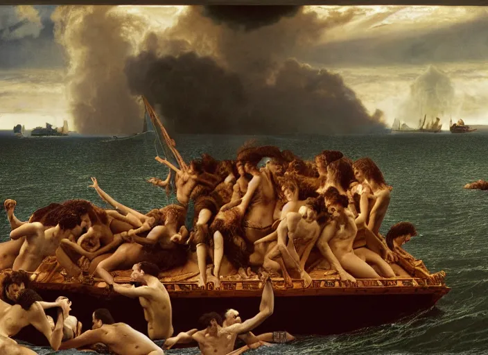 Prompt: photo of the raft of the medusa, by lawrance alma - tadema by annie leibovitz by roger corman by richard corben by rick baker, fujifilm velvia 5 0. masterpiece, intricate, hyper realism, high detail, octane render, unreal engine, 8 k