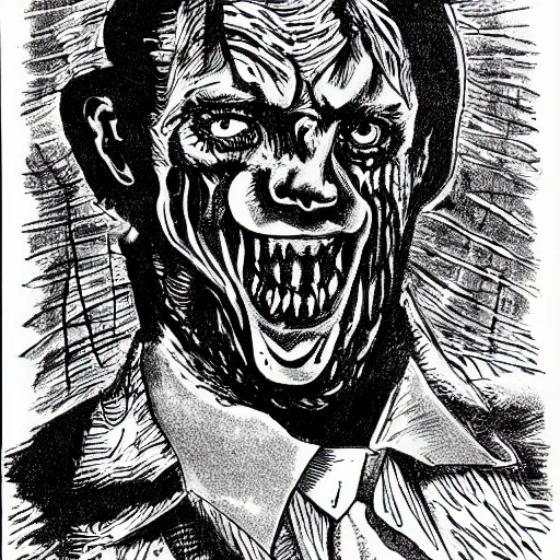 Image similar to a Pop Wonder scary horror themed goofy-hilarious-swamp-bog-monster-spaced-out-dead-head-with-space-in-his-oraphus, 3-piece-suit, dime-store-comic drawn with charcoal and pen and ink, half-tone-line-stacking