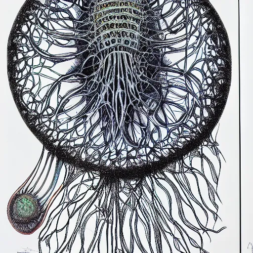 Prompt: colorful diagram of interdimensional neural jellyfish ernst haeckel and geoff darrow, ink and watercolor on black paper