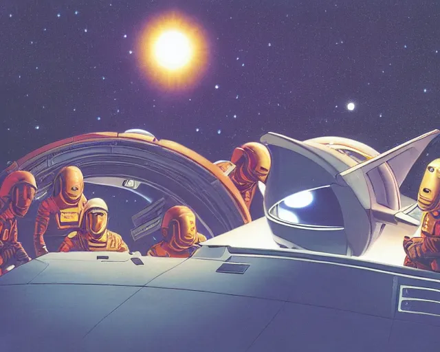 Image similar to an illustration of the crew of a spaceship are huddled over a glowing console, by barclay shaw